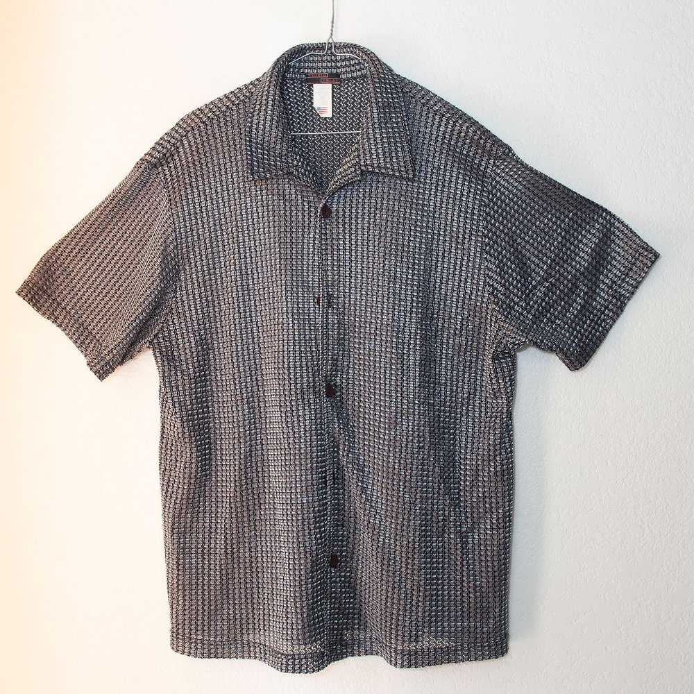 Studio YMLA men's Button Down shirt made of shimmery mesh material, shiny silver